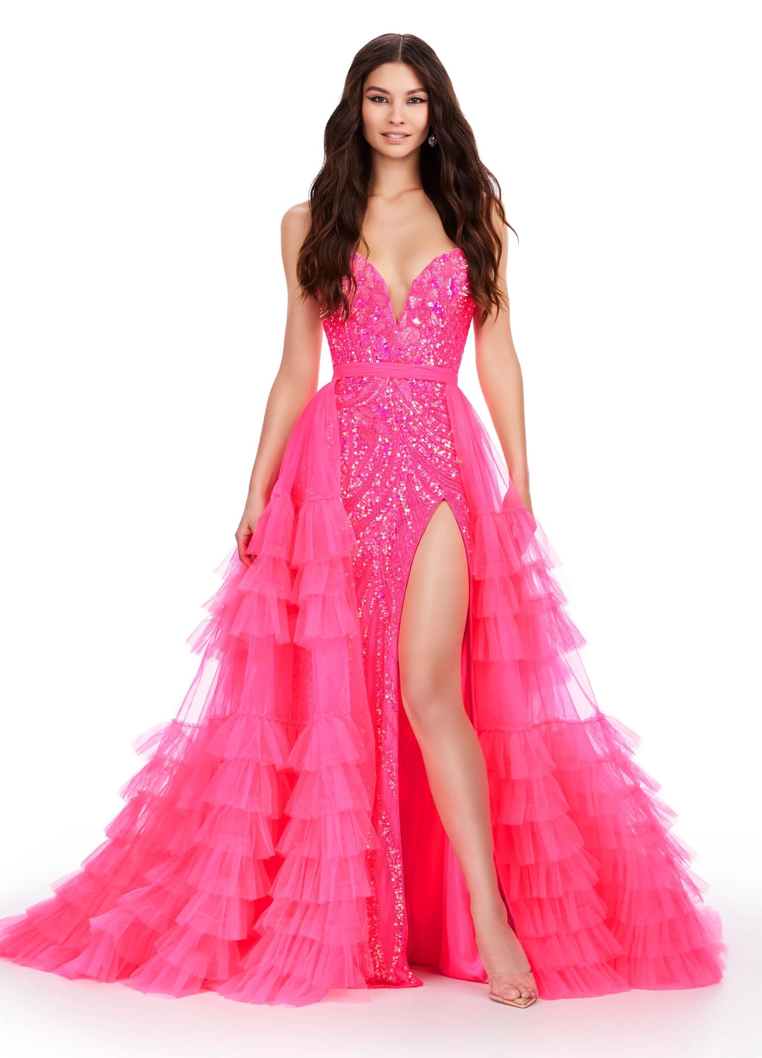 Ellie Wilde EW35702 SUPERNOVA Holographic Sheer Corset Prom Dress Slit V  Neck Gown