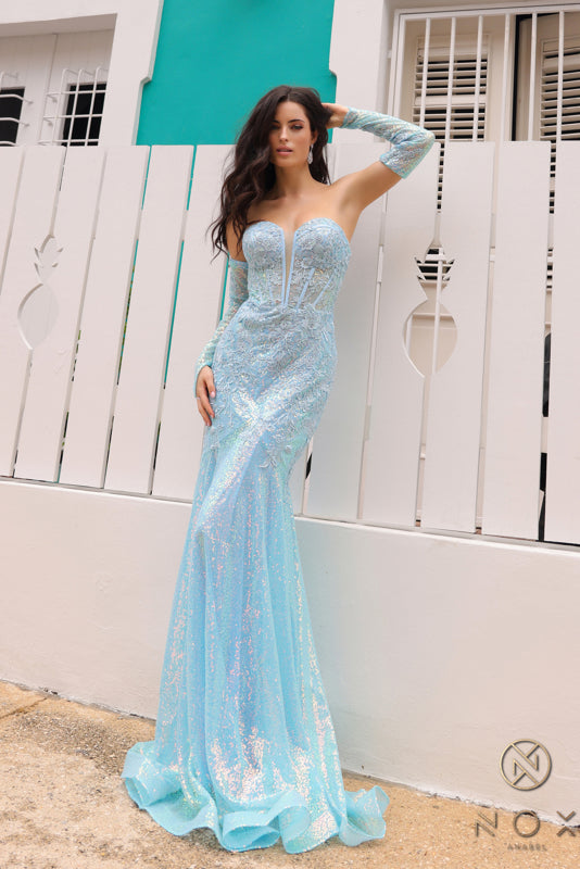 Nox Anabel D1263 Long Sleeve Sequin Prom Dress Mermaid Lace Corset V N –  Glass Slipper Formals