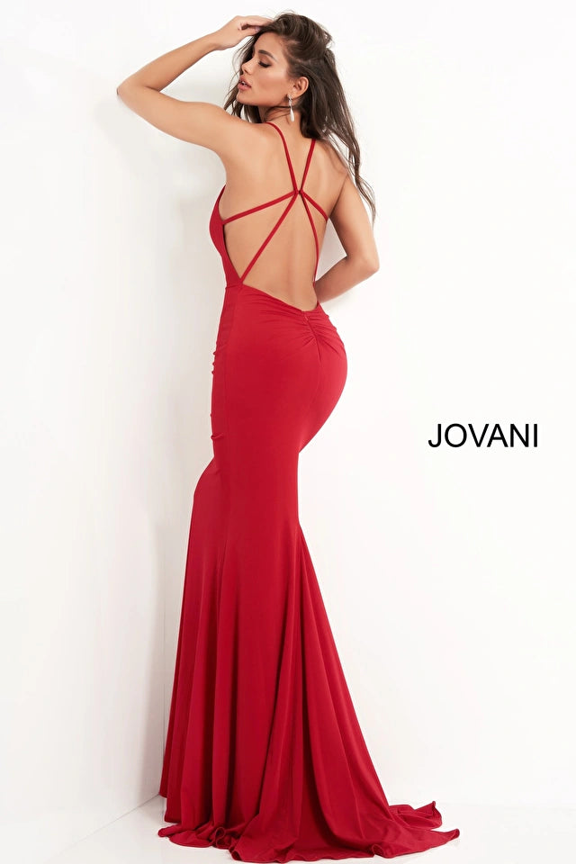 Plunge Bust Low Back Stretch Satin FishTail Evening Dress Red