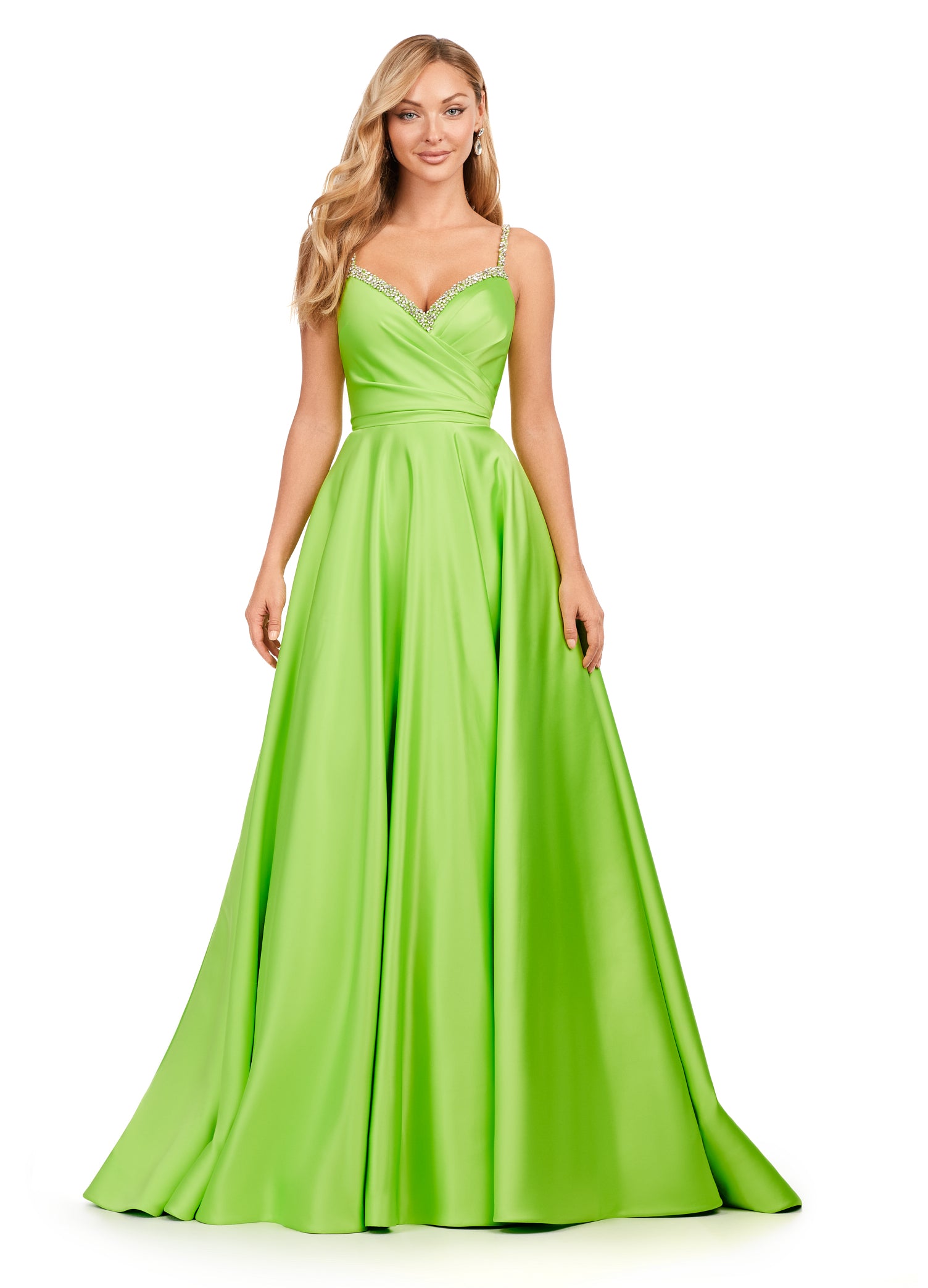 Beads Chiffon Formal Prom Dresses A-Line Long Flare Sleeves Ruched