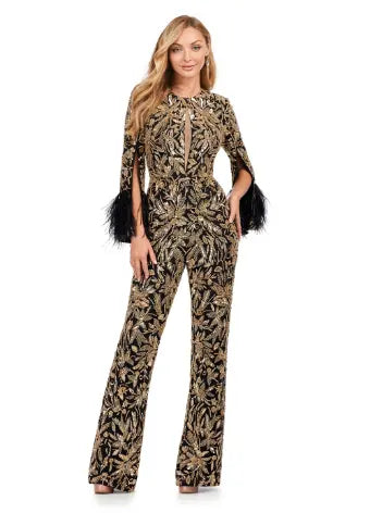 Ashley Lauren 11394 Fully Beaded Jumpsuit with Feathers Formal Prom