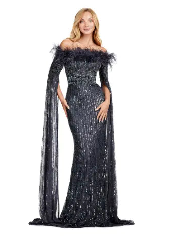 Ashley Lauren 11429 Long Prom Dress Fully Sequin Evening Gown Feathers