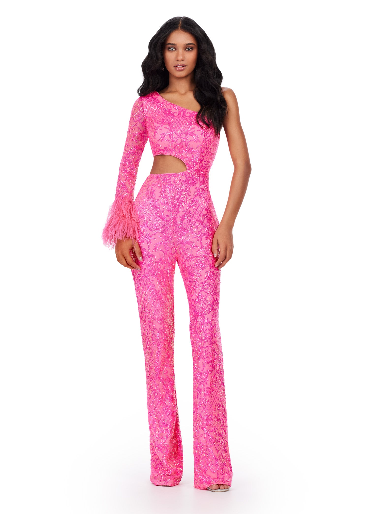 Ashley Lauren 11465 One Shoulder Stretch Sequin Jumpsuit Cut Out and F –  Glass Slipper Formals