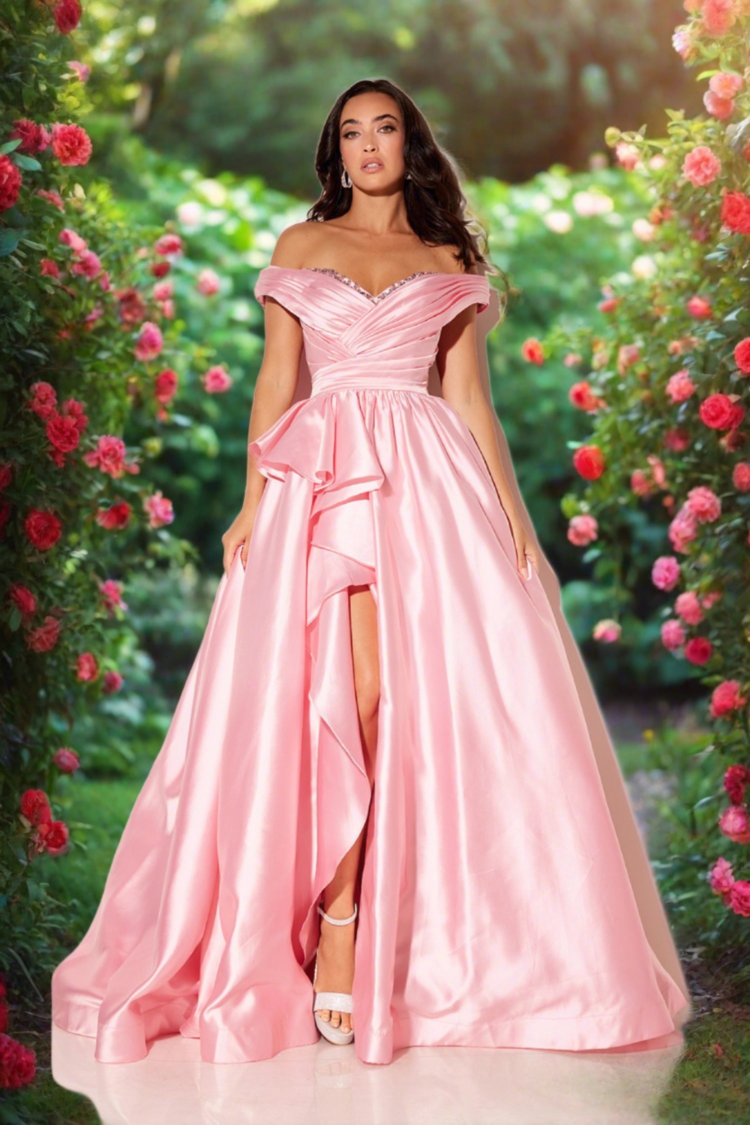 Lucci Lu 1341 Size 0 Pink Taffeta off the shoulder Prom Dress Maxi Slit Ruffle Ballgown Evening