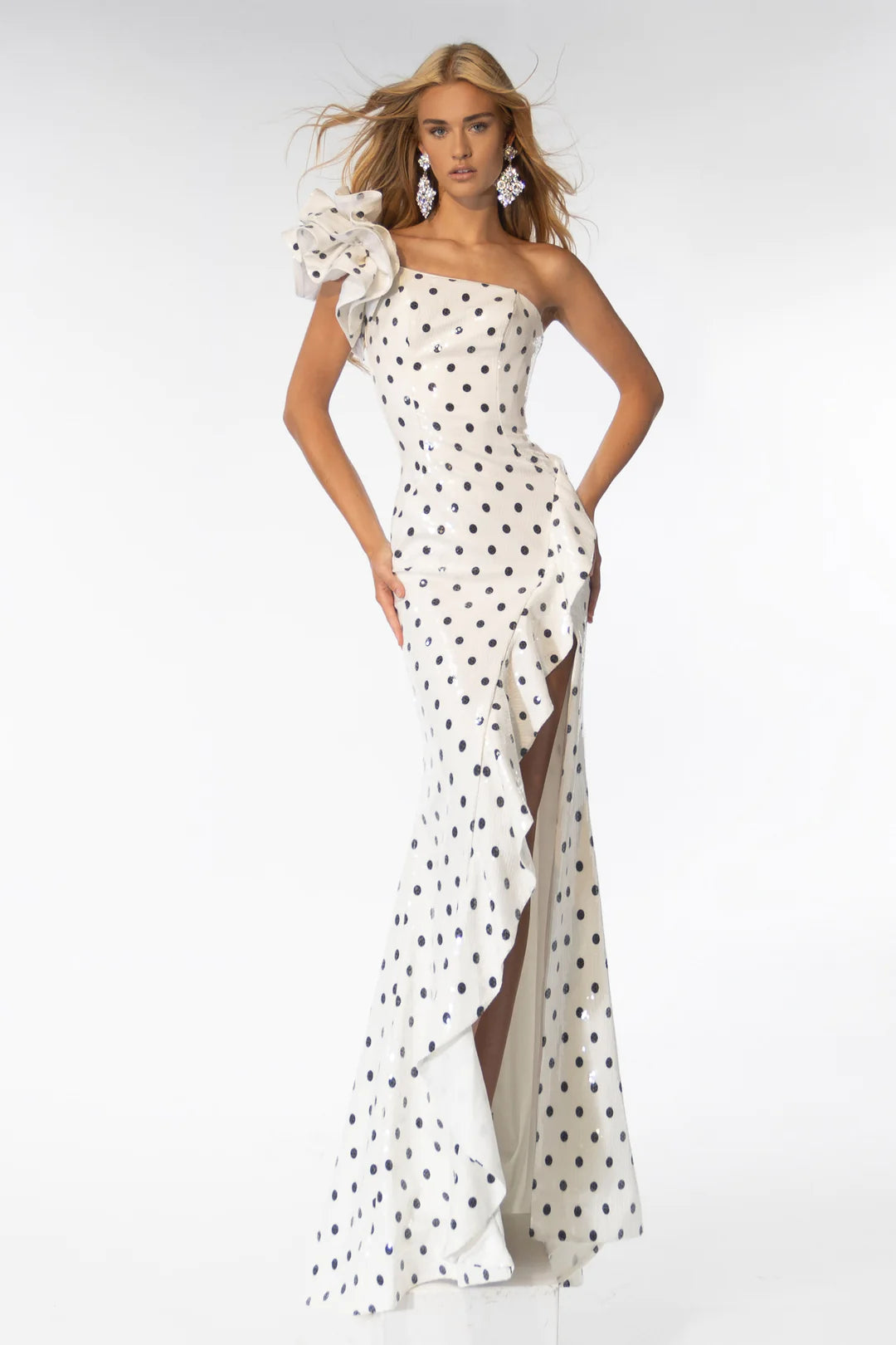 Ava Presley 39264 Sequin Polka Dot Fitted One Shoulder Long Dress Prom