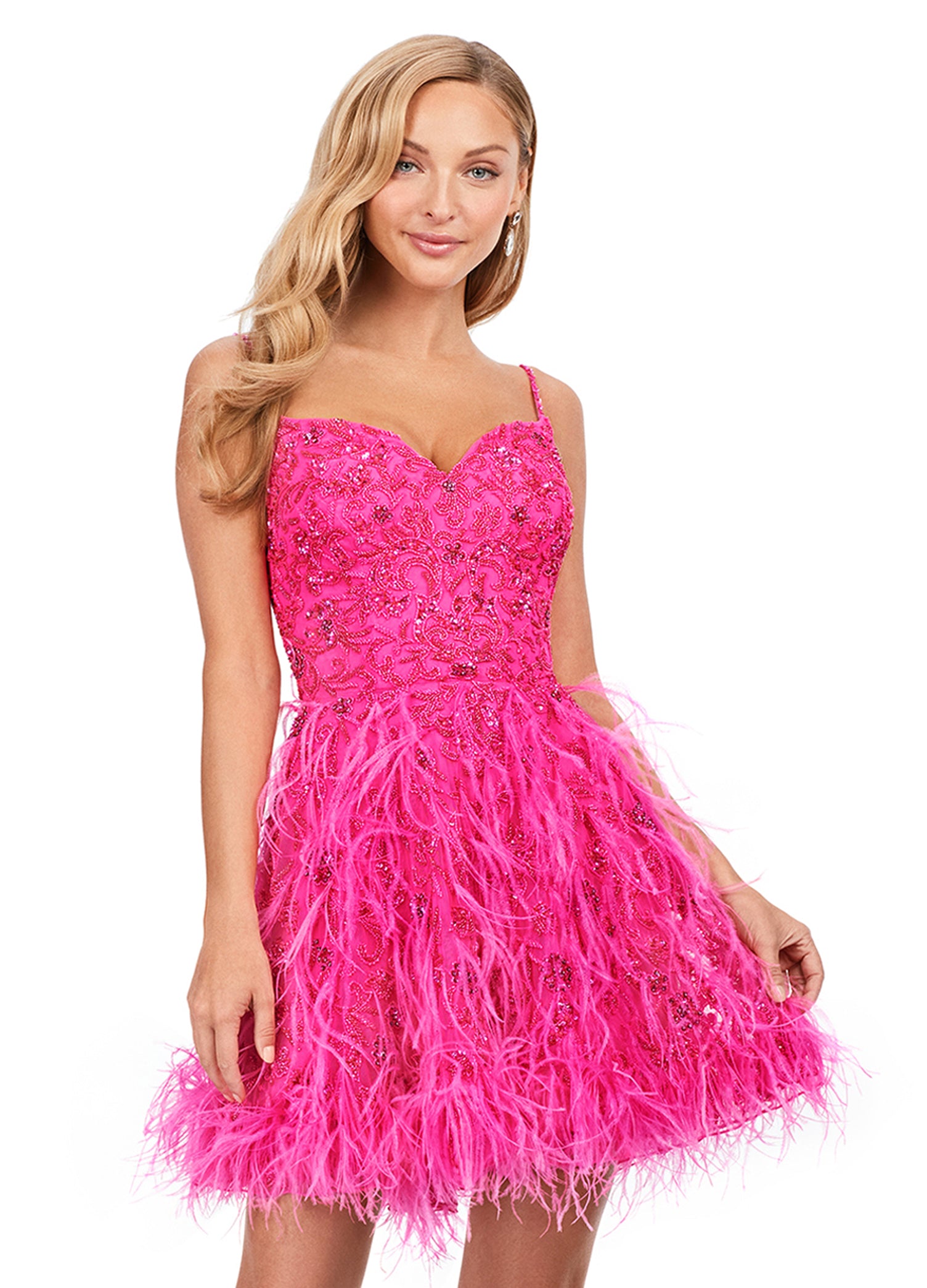 Sheer Pink Feather Short Prom Dress