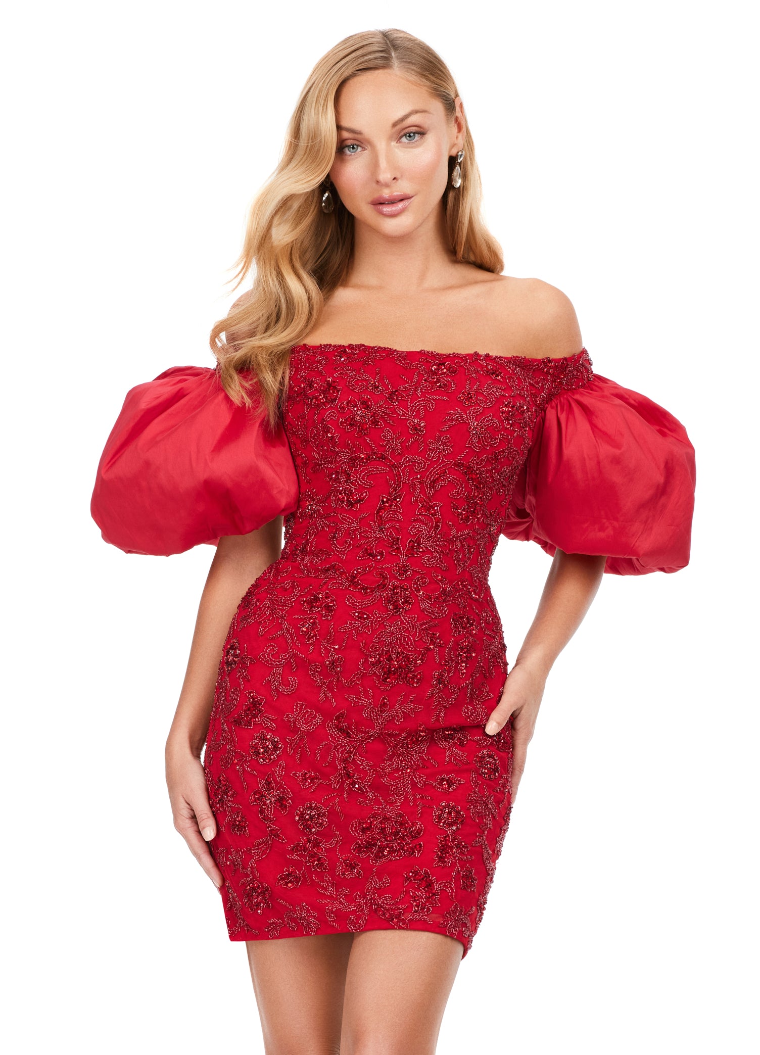 Ashley Lauren 4609 Off The Shoulder Puff Sleeve Beaded Fitted Cocktail Glass Slipper Formals