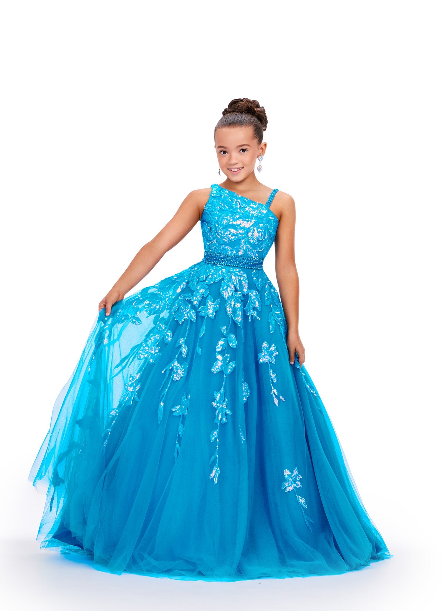 Ashley Lauren Kids 8240 Size 10 Ocean Girls Long Tulle Sequin Lace Ballgown  Pageant Dress One Shoulder