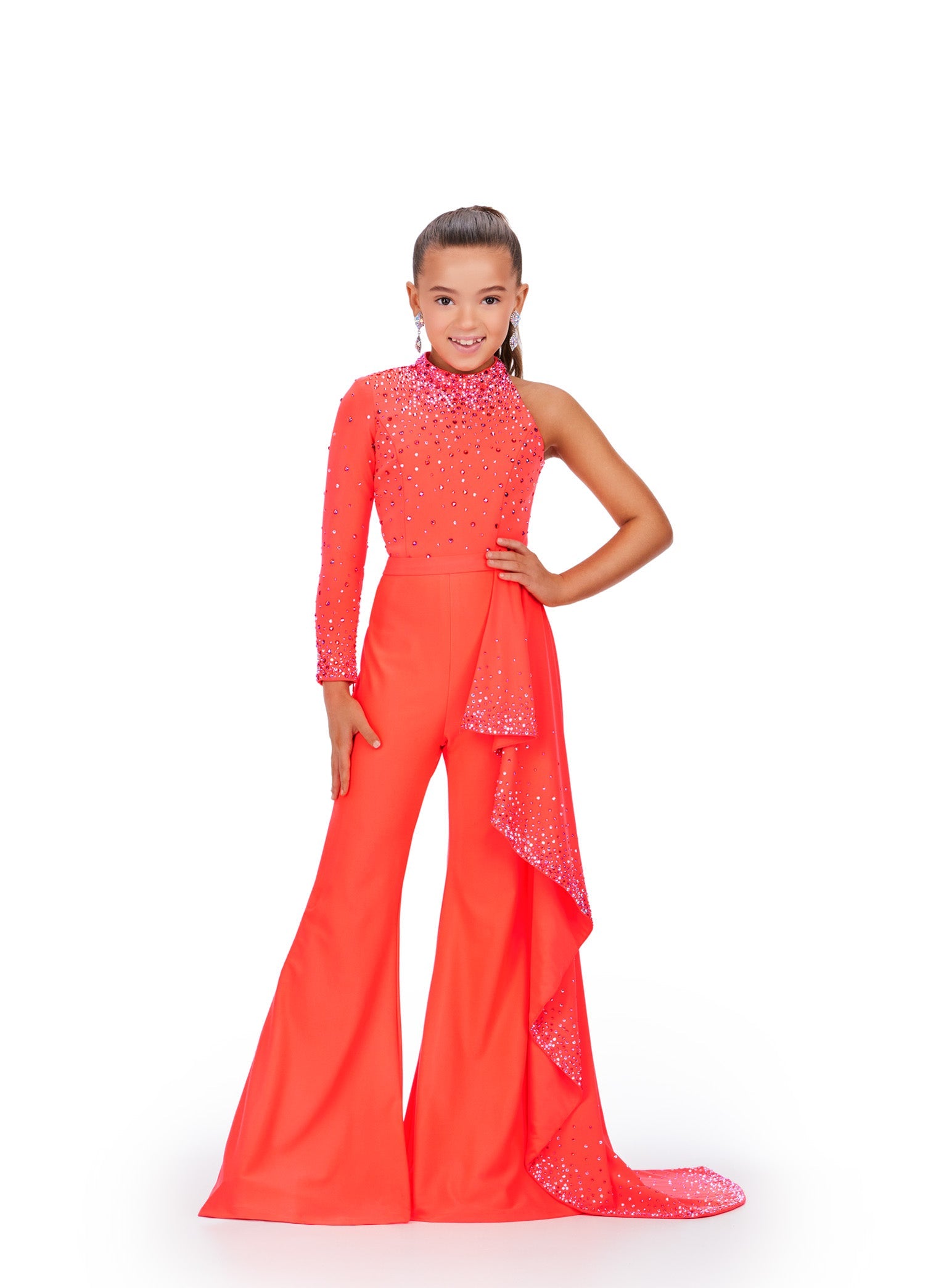 Ashley Lauren Kids 8253 Size 12 Neon Orange Girls Pageant Jumpsuit