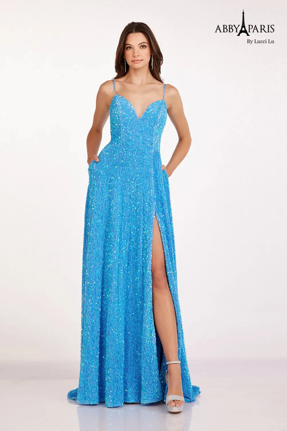 Abby Paris 90247 A Line Velvet Sequin Ballgown Prom Dress Maxi Slit V Neck  Gown Pockets
