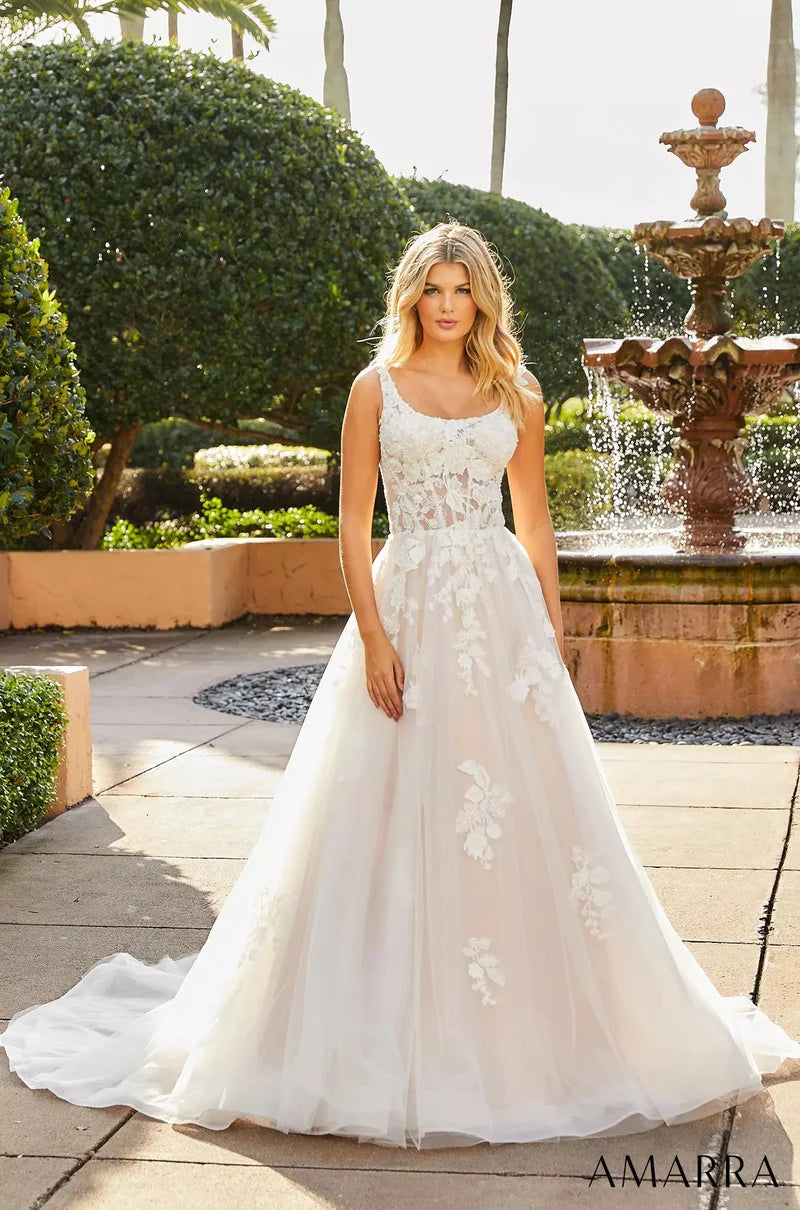 Amarra Bridal 84228 Emily A-Line Plunging Neckline V-Back Floral Wedding  Gown