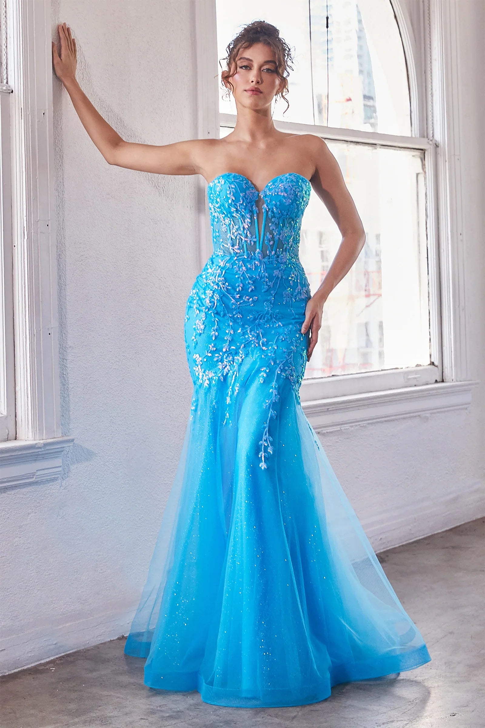 Long Sequin Formal Dress with Corset-Style Bodice