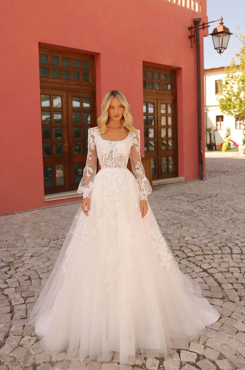 Long Sleeve Shear Neck Lace Wedding Dresses A-Line Corset Button Back  Bridal Gown for Women