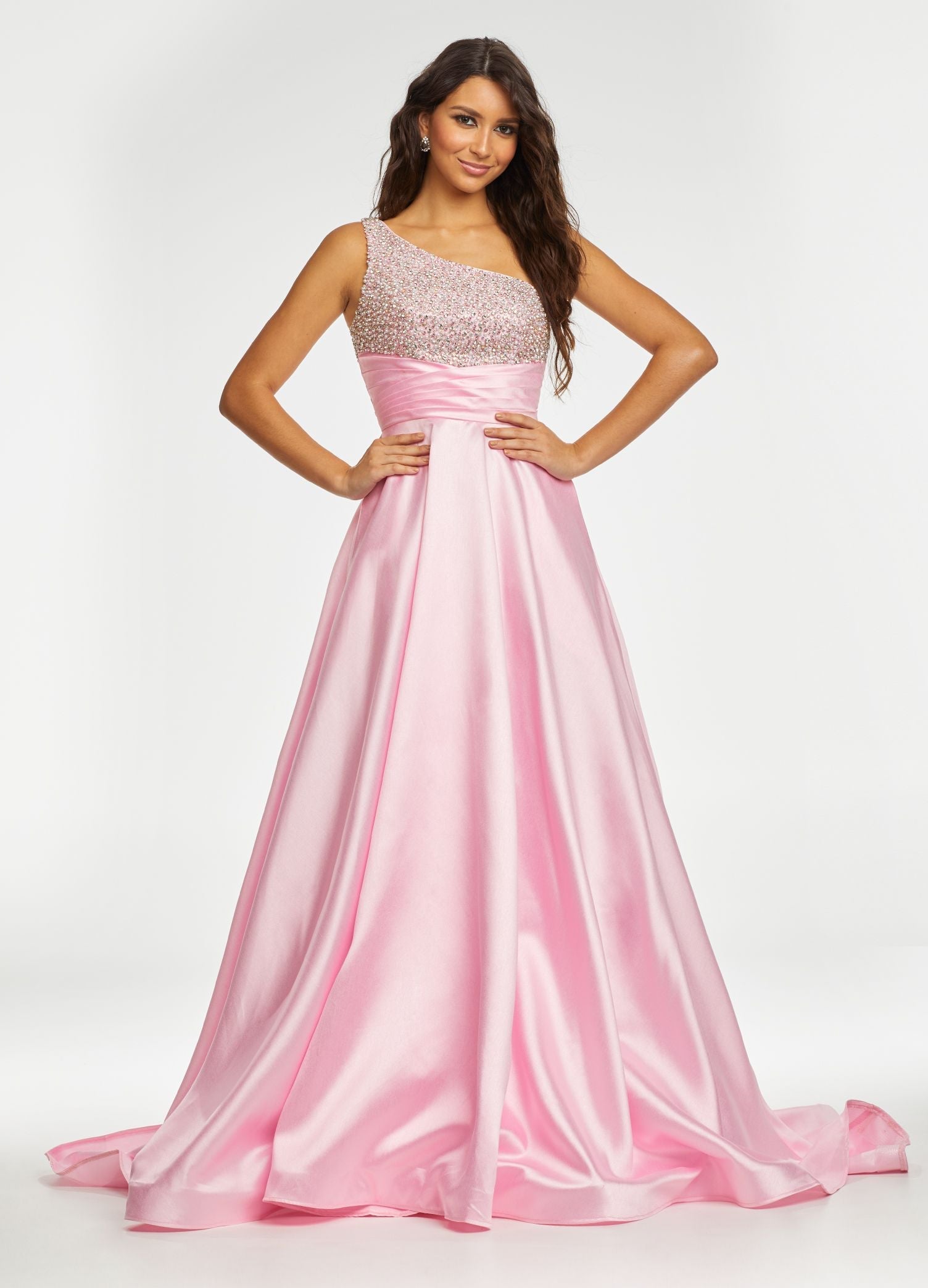 Ashley Lauren 11149 Size 0 Pink One Shoulder Ball Gown Prom Dress with  Embellished Bodice