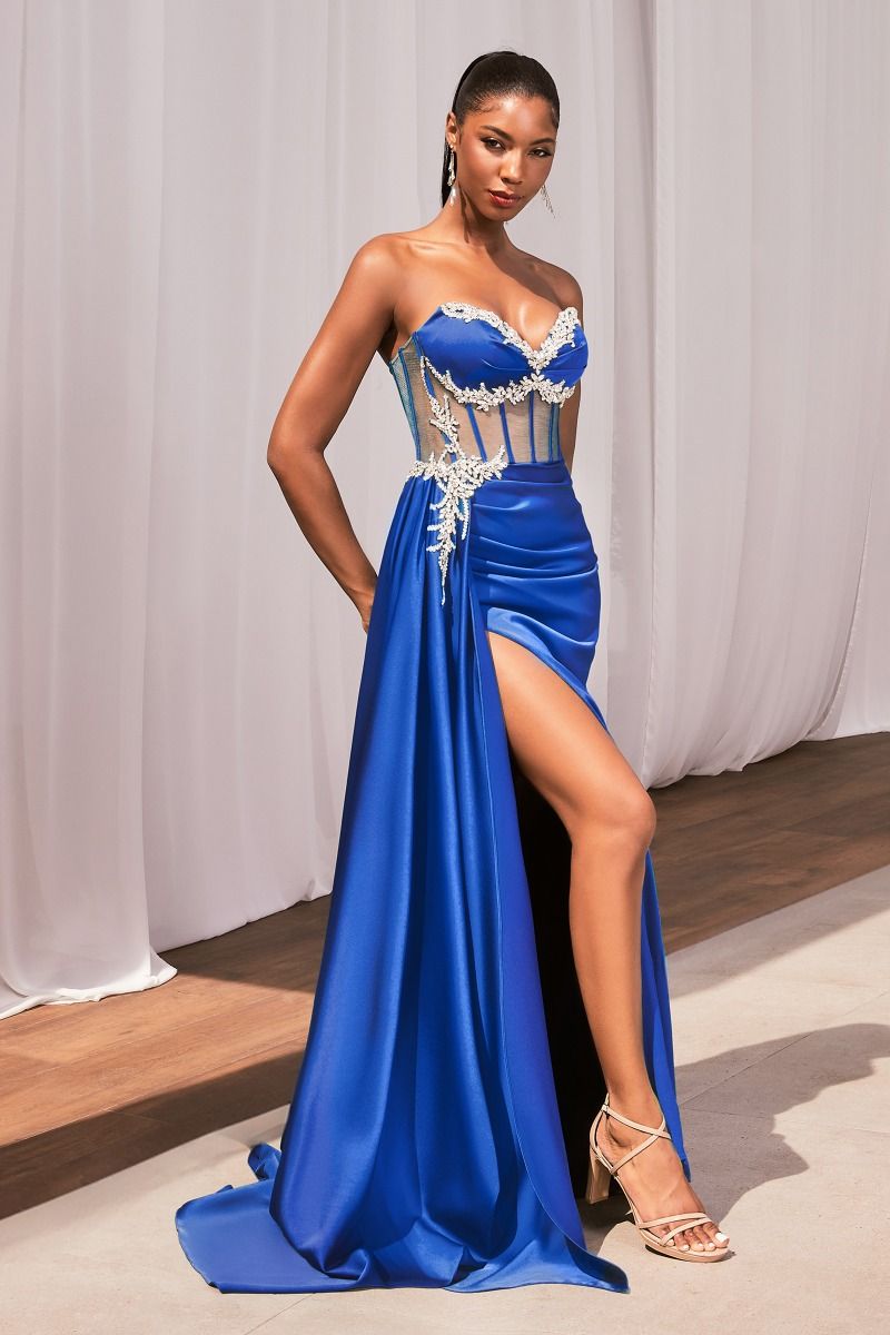 Ladivine CD343 Sheer Corset Satin Slit Prom Dress Crystal V Neck Strap Glass Slipper Formals