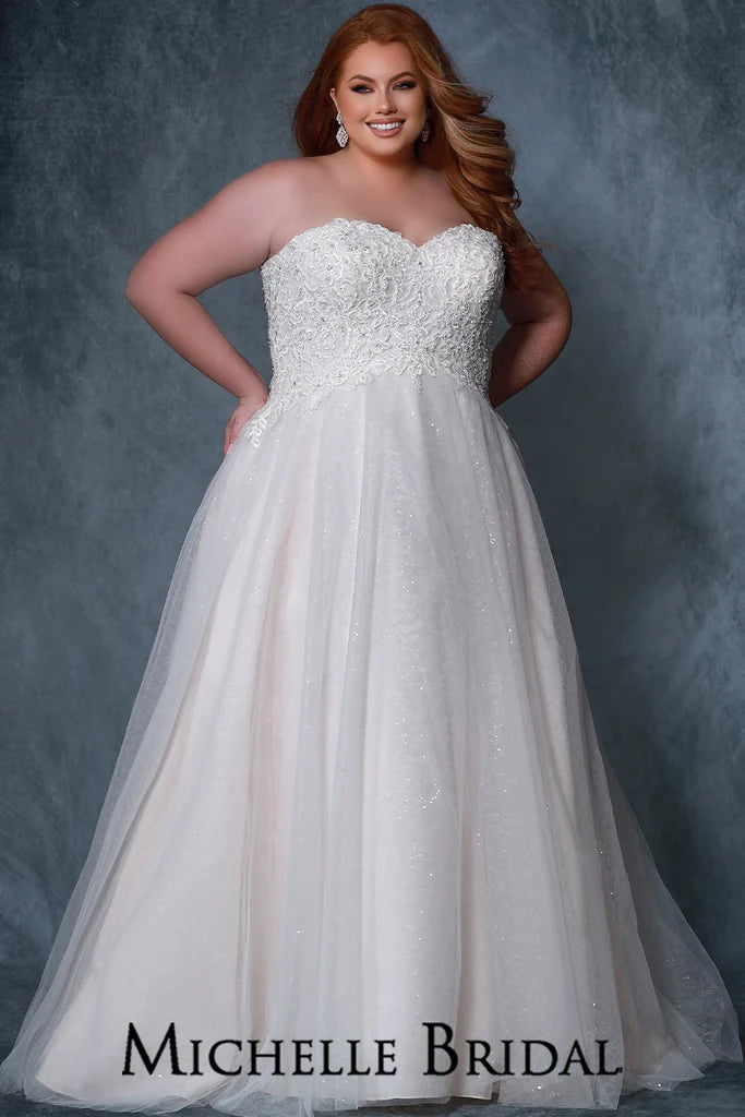 Michelle Bridal For Sydney's Closet MB2211 Ballgown Silhouette Sweetheart  Neckline Strapless Optional Off The Shoulder Straps Modified Empire Lace Up