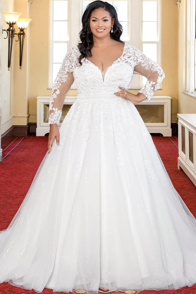 Long Sleeve Lace Plus Size Blush Wedding Dress With Detachable