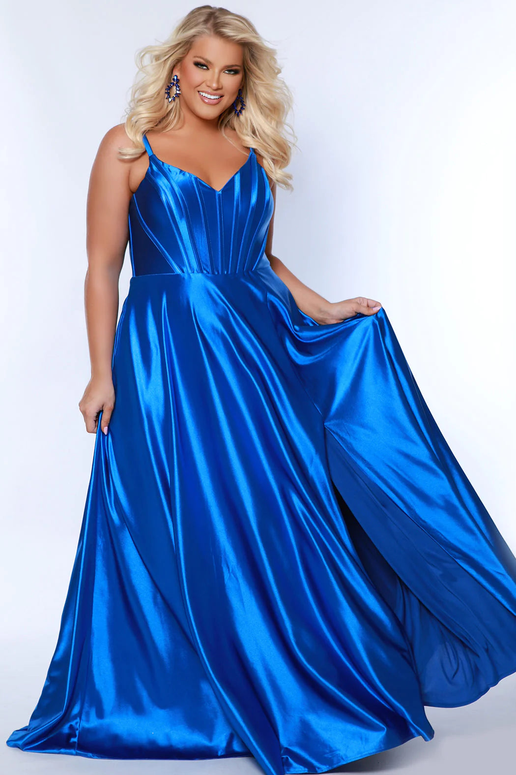 Sydneys Closet SC7380 Long Prom Dress Plus Size Corset V Neck Satin A- –  Glass Slipper Formals