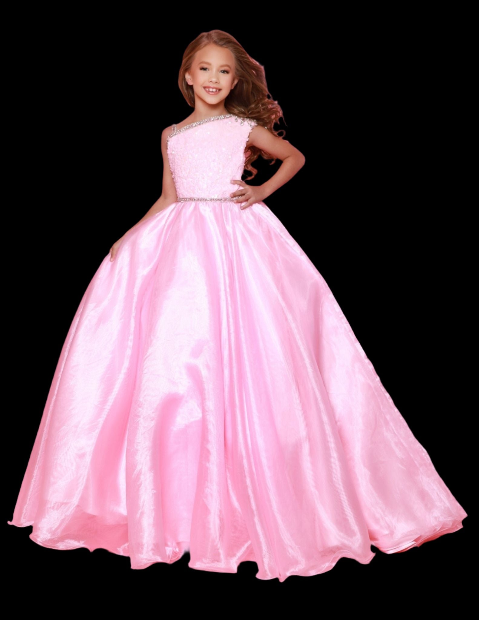 Sugar Kayne C348 Long Girls Preteen Pageant Dress A line One Shoulder Ballgown Sequin Top Train