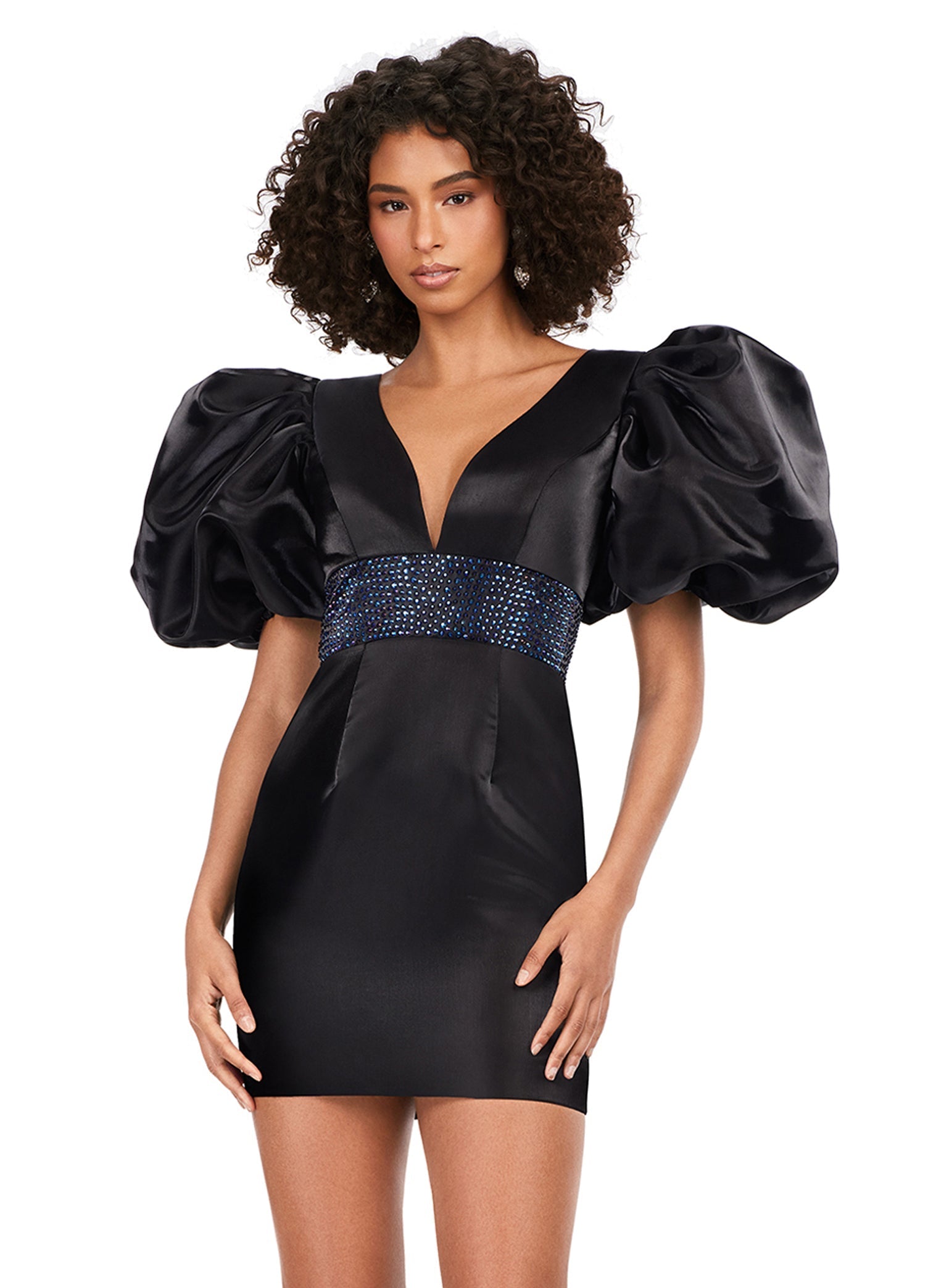 Ashley Lauren 4549 Satin Cocktail Dress Short Puff Sleeve Fitted Backless  Corset