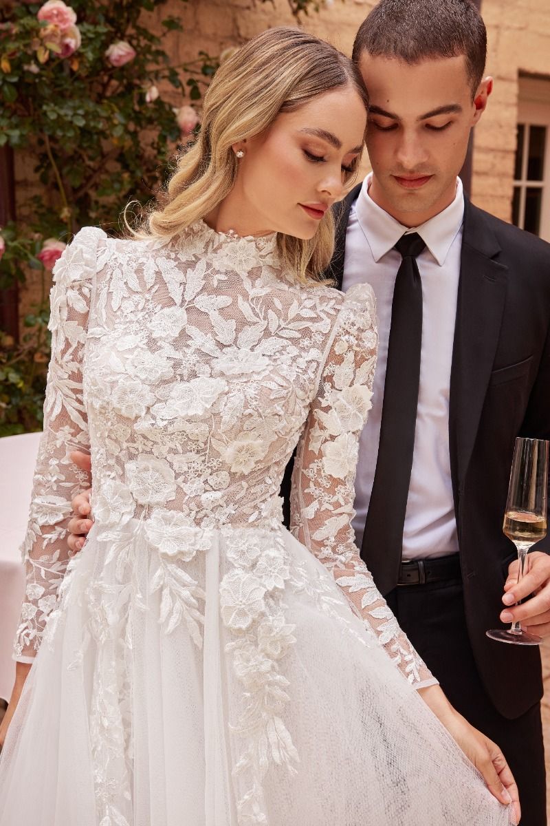 High Neck Lace Applique Modest Wedding Dress