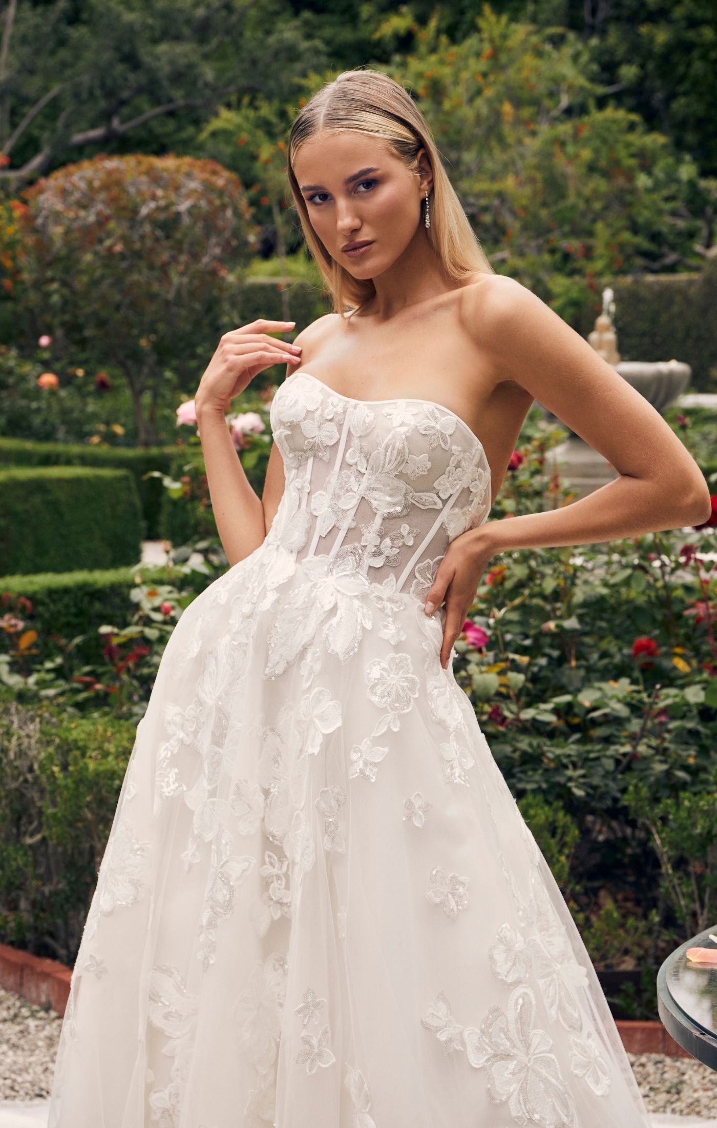 Romantic Floral Lace Ballgown Wedding Dress with Bustier Bodice