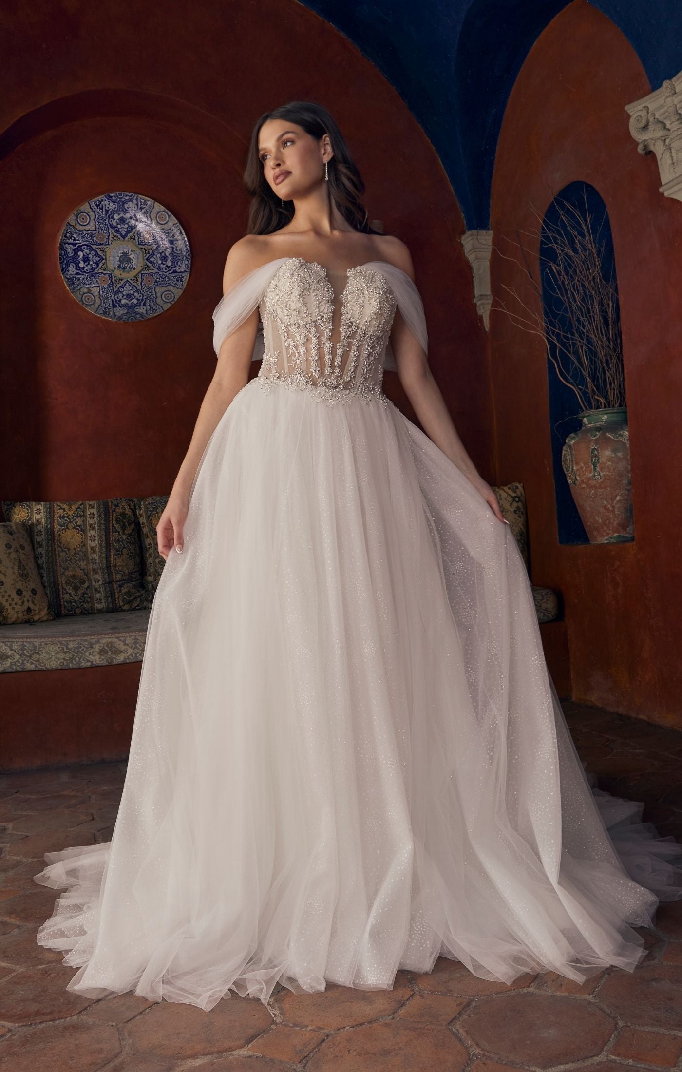 Casablanca Bridal 2547 Meline A-Line Ballgown Sheer Corset Off The Shoulder  Plunging Neckline Train Wedding Gown