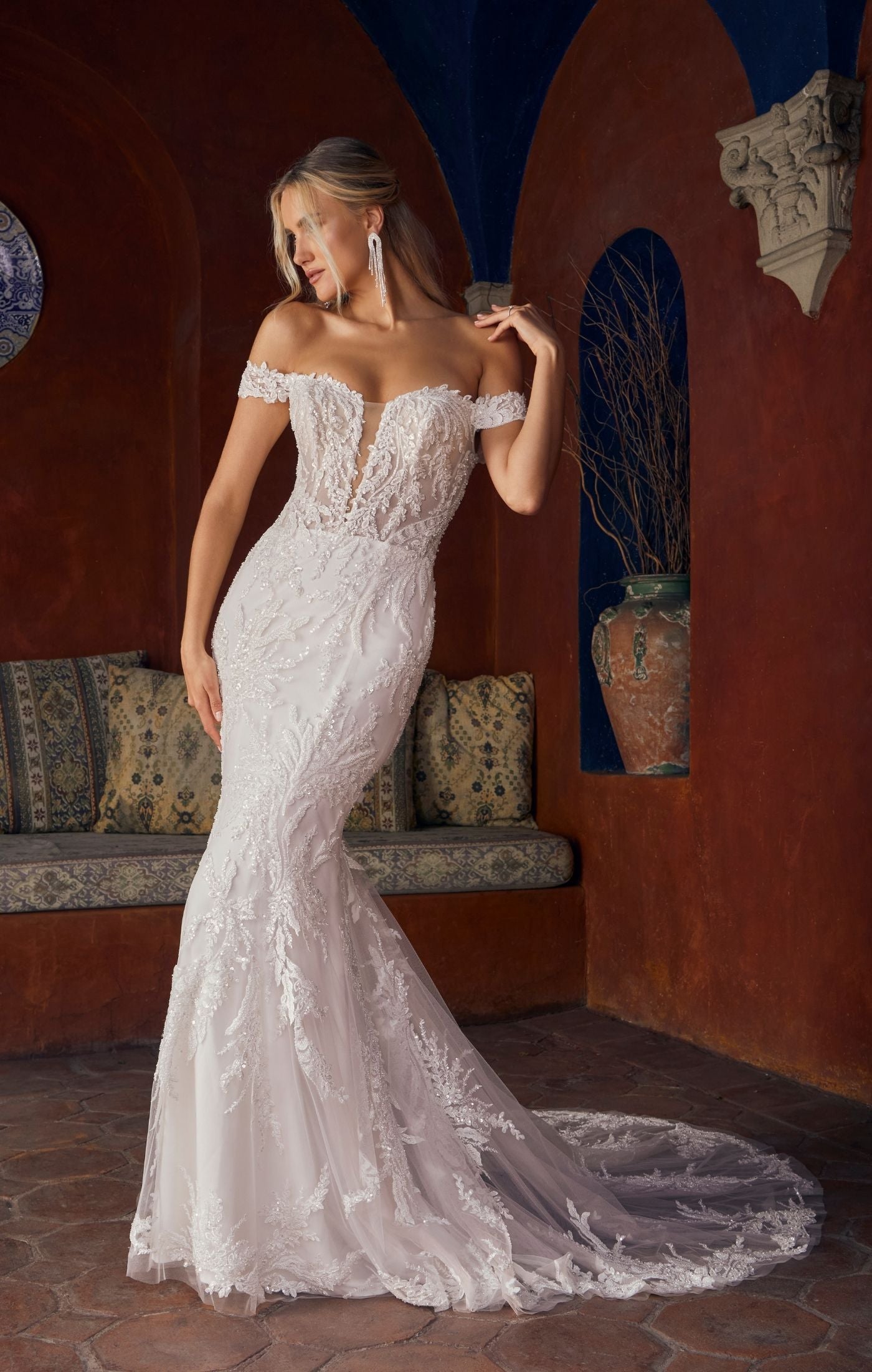 Lace Strapless Fit And Flare Wedding Dress With Off The Shoulder