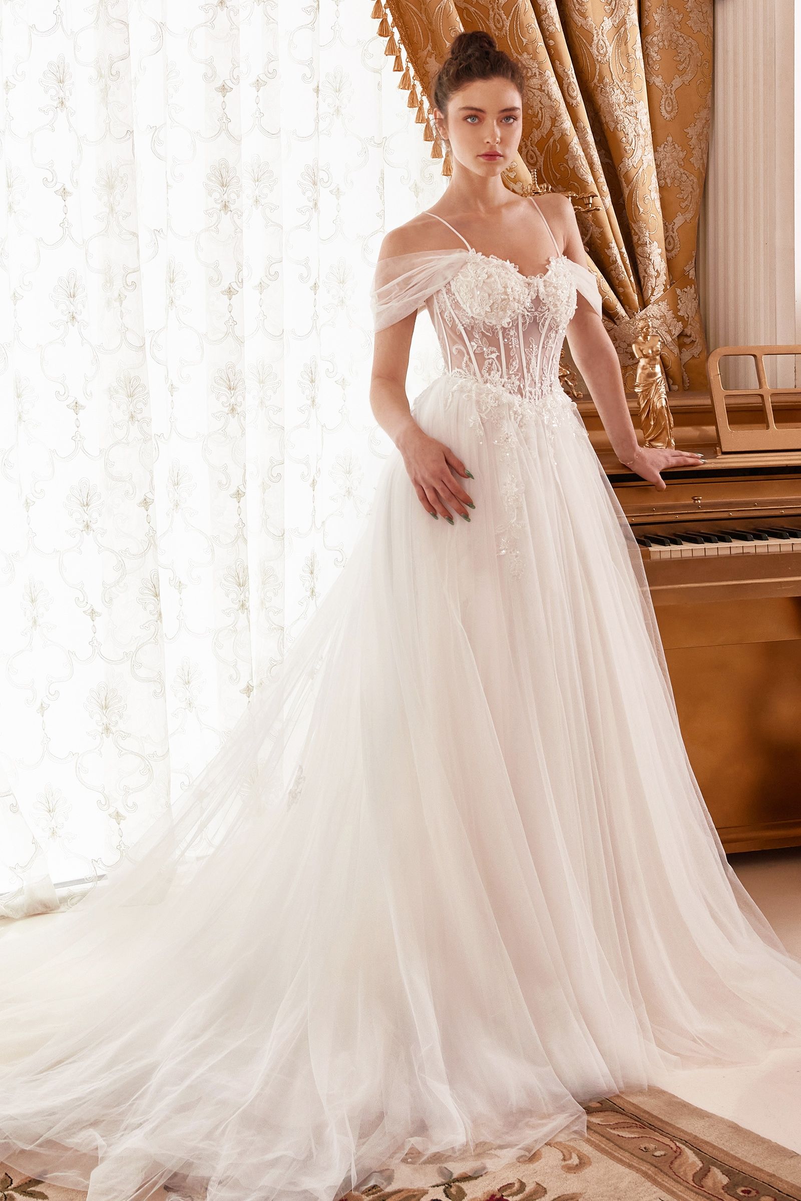 Ladivine WN307 A Line Tulle off the shoulder Sheer Corset Wedding Dress  Beaded Bridal Gown
