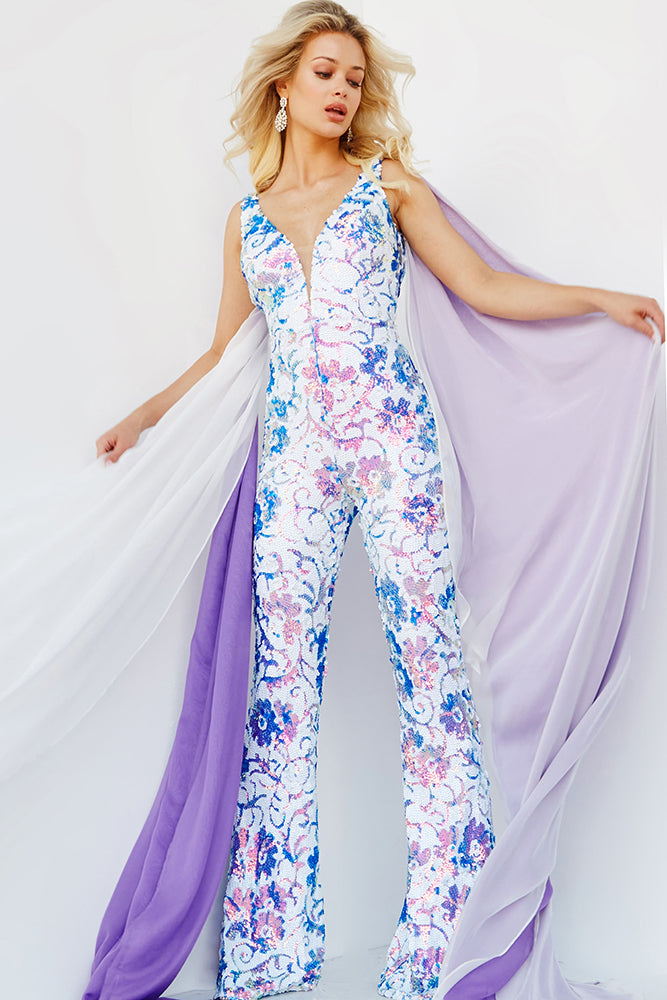 Jovani 08258 Iridescent Sequin Floral Prom Jumpsuit Formal Pageant