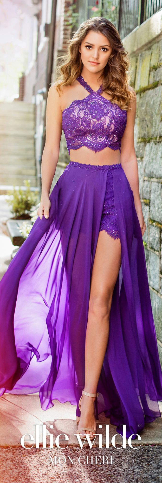 Cute Halter Neck Short Purple Lace Prom Dress, Purple Lace Formal