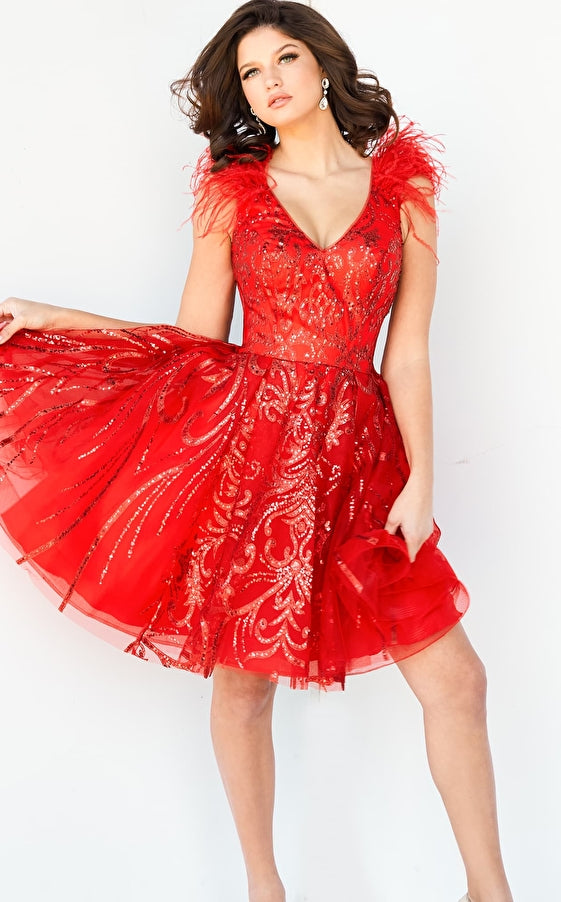 Jovani 09466 Short Fit & Flare Red Feather Cocktail Dress Formal Glitter V  Neck Gown