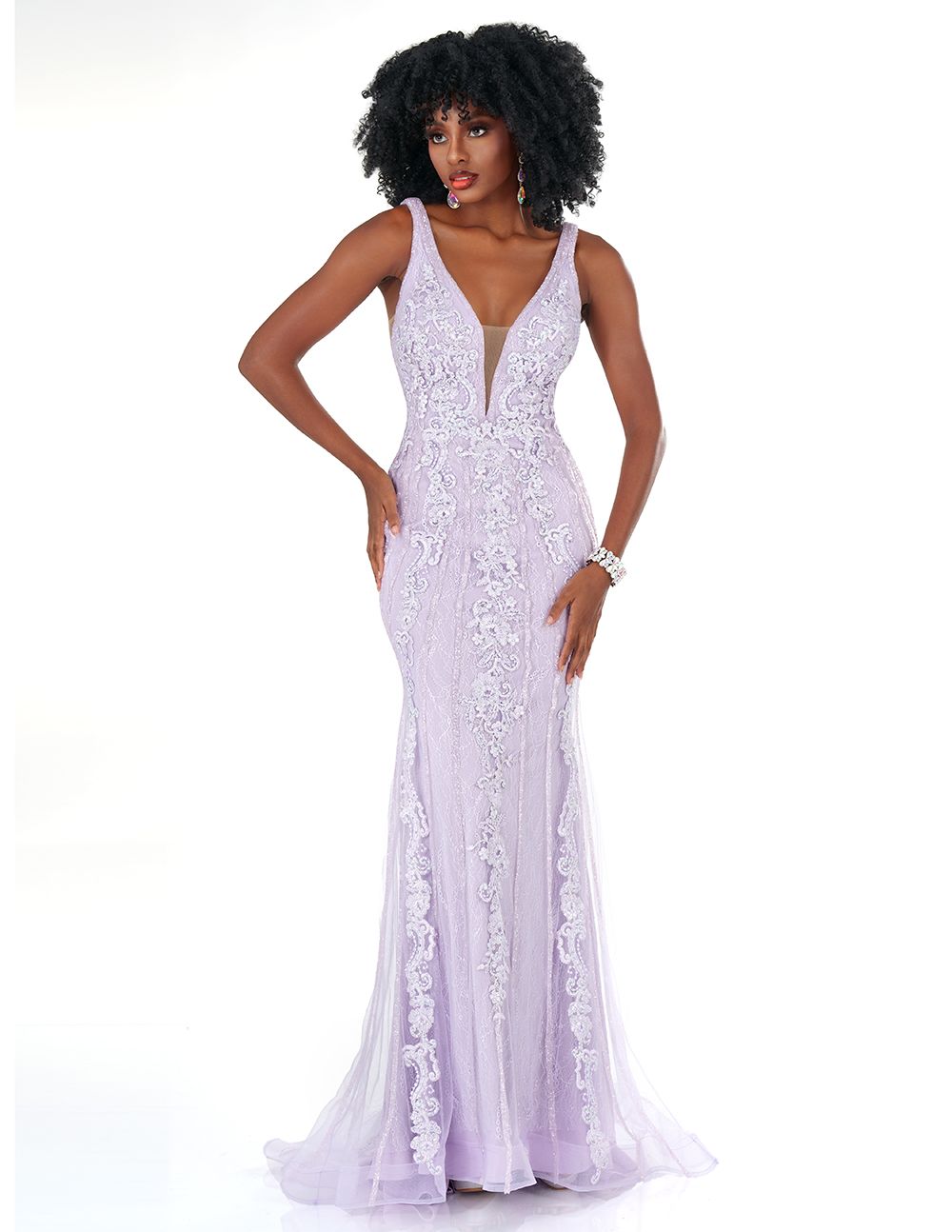 Cecilia Couture 1560 Size 10 Lilac Long Fitted Lace Sequin Sparkle V Neck  Prom Dress Formal Evening Gown