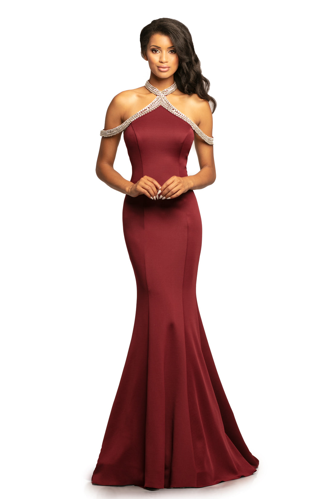 Johnathan Kayne 2085 Size 8 Burgundy Long Mermaid Off Shoulder