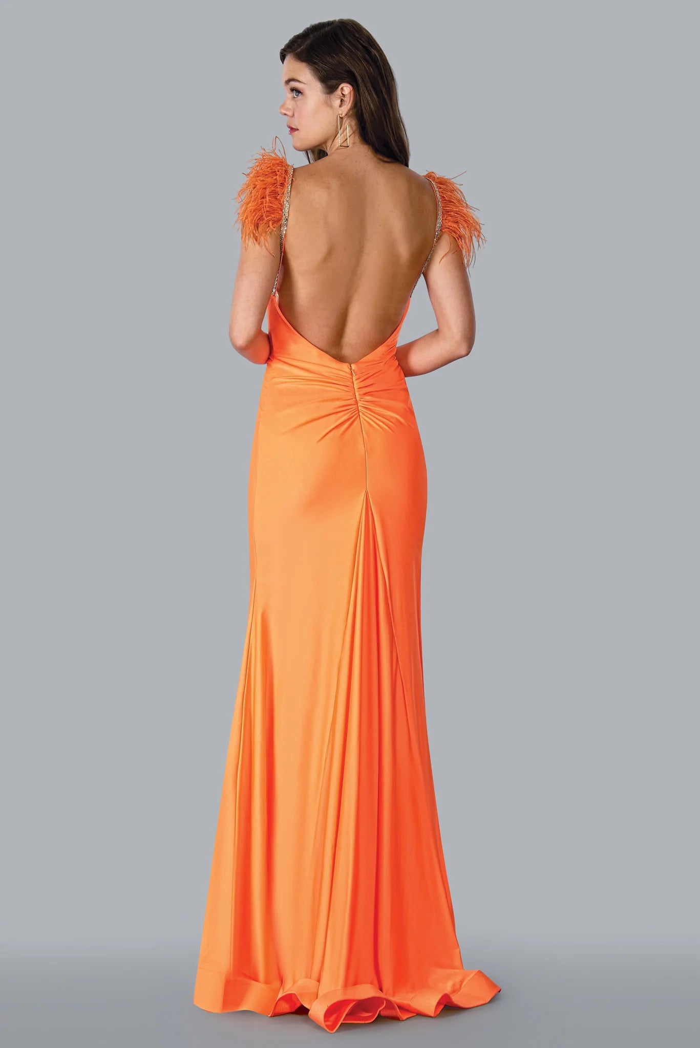 Stella Couture 23125 Size 2 Orange Long Fitted Crystal Feather Strap P –  Glass Slipper Formals