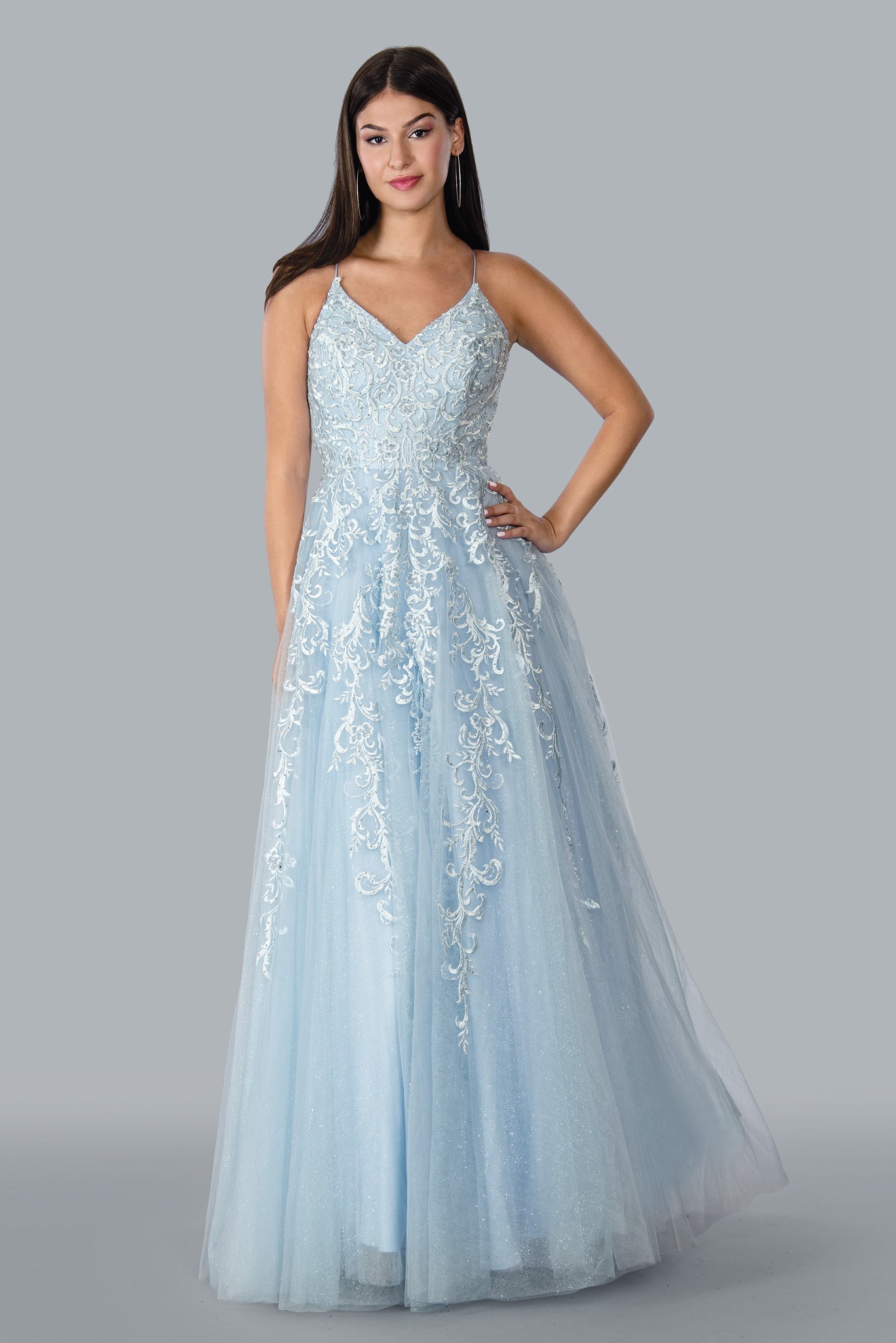 A Line V Neck Backless Light Blue Lace Long Prom Dress, Light Blue