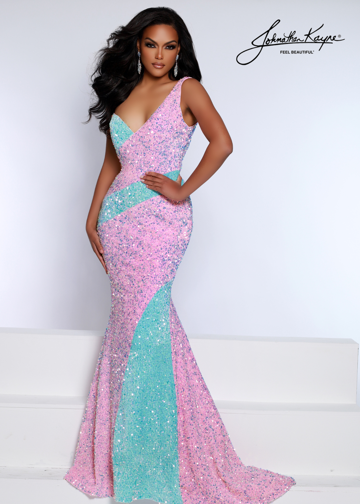Johnathan Kayne 2659 Size 2 Cotton Candy Aqua One Shoulder Velvet Sequin  Mermaid Prom Dress Pageant Gown