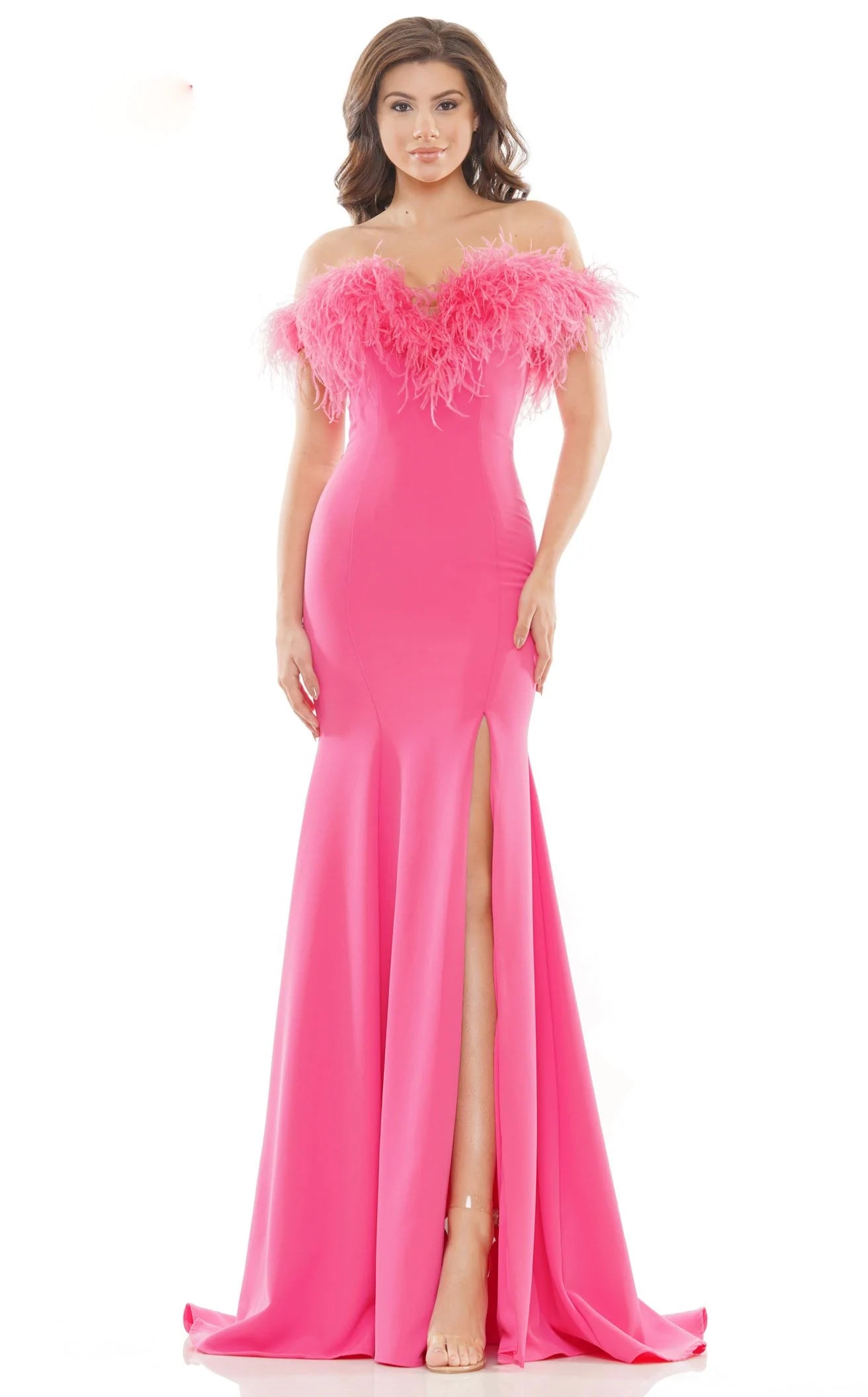 Colors Dress 2663 Long Fitted Feather off the Shoulder Formal Prom