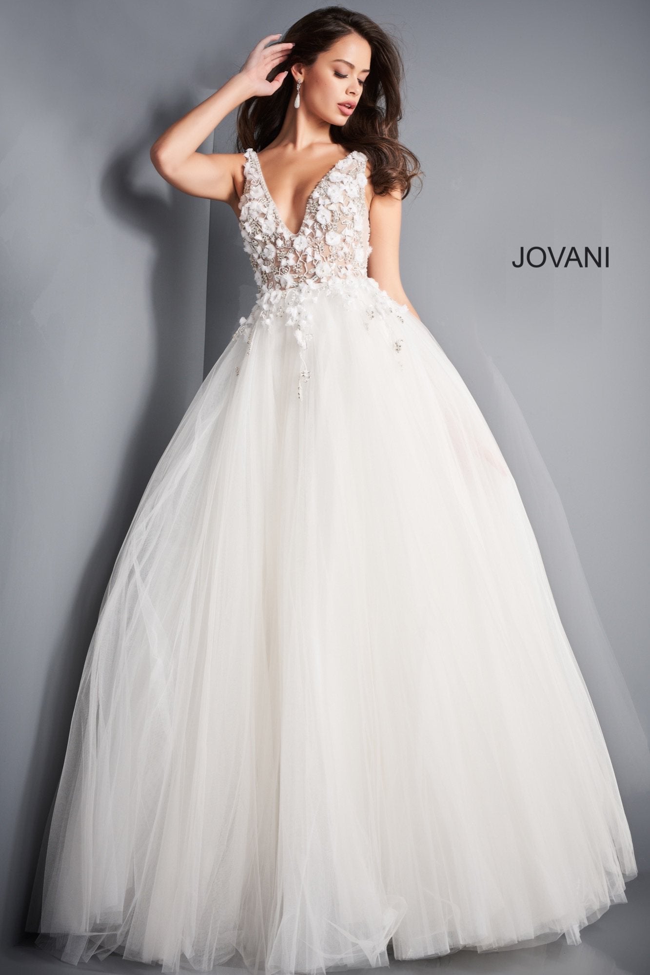 Jovani 3110 Long Ballgown Prom Dress Sheer Bodice V Neckline Floral Ap –  Glass Slipper Formals