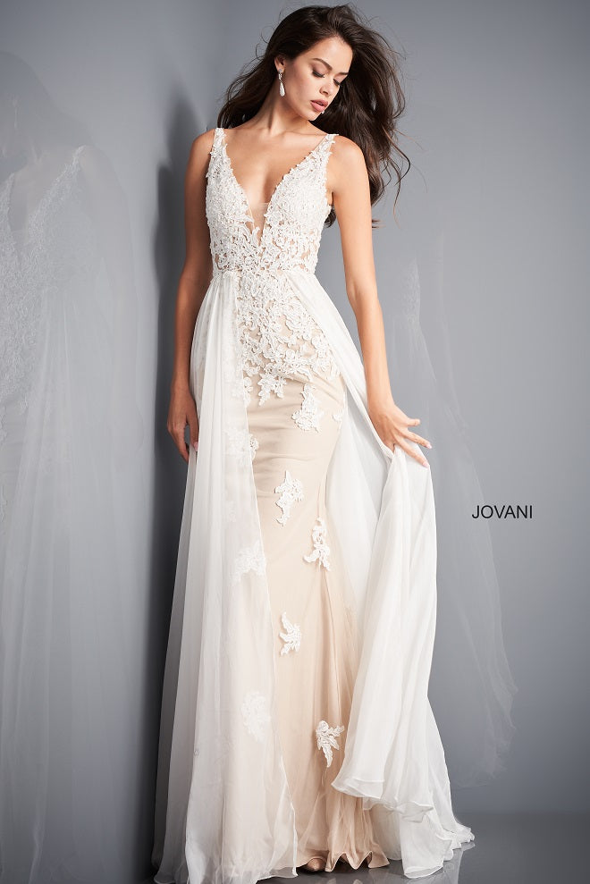 Jovani 3117 Off White Nude floral Wedding Dress Applique Lace Overskir –  Glass Slipper Formals