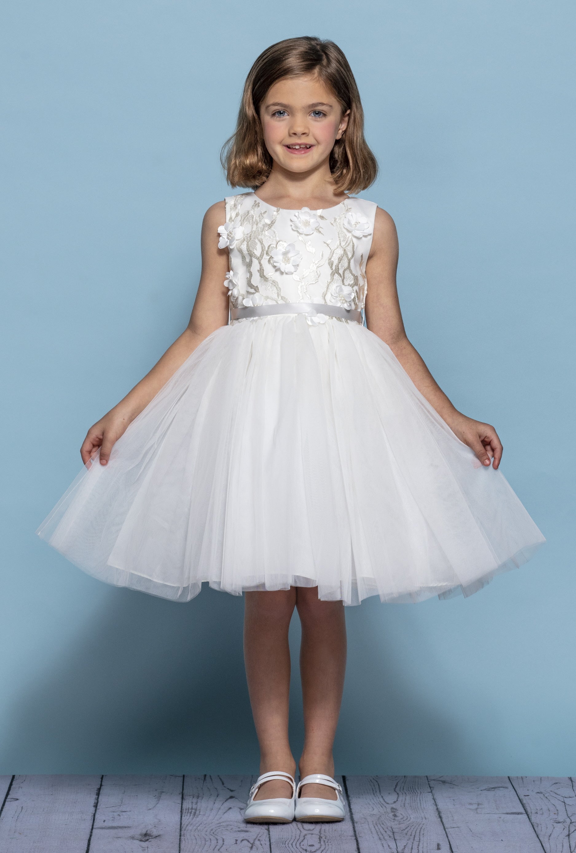 Flower girl dress with tulle and hot sale ribbon waist