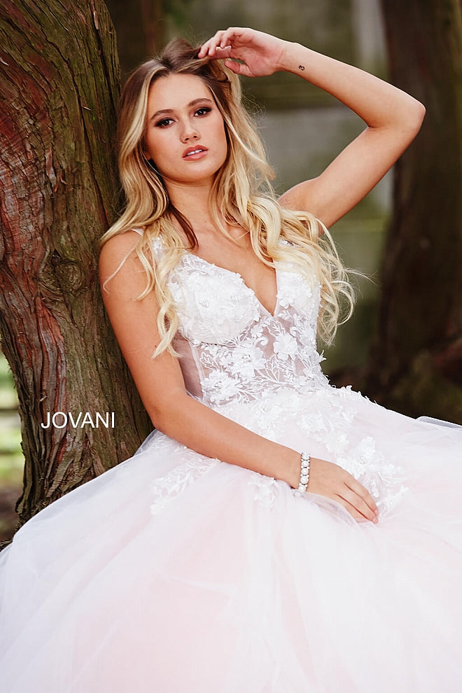 Jovani 55634 floral appliques prom dress ballgown Lace Tulle Long V Ne –  Glass Slipper Formals