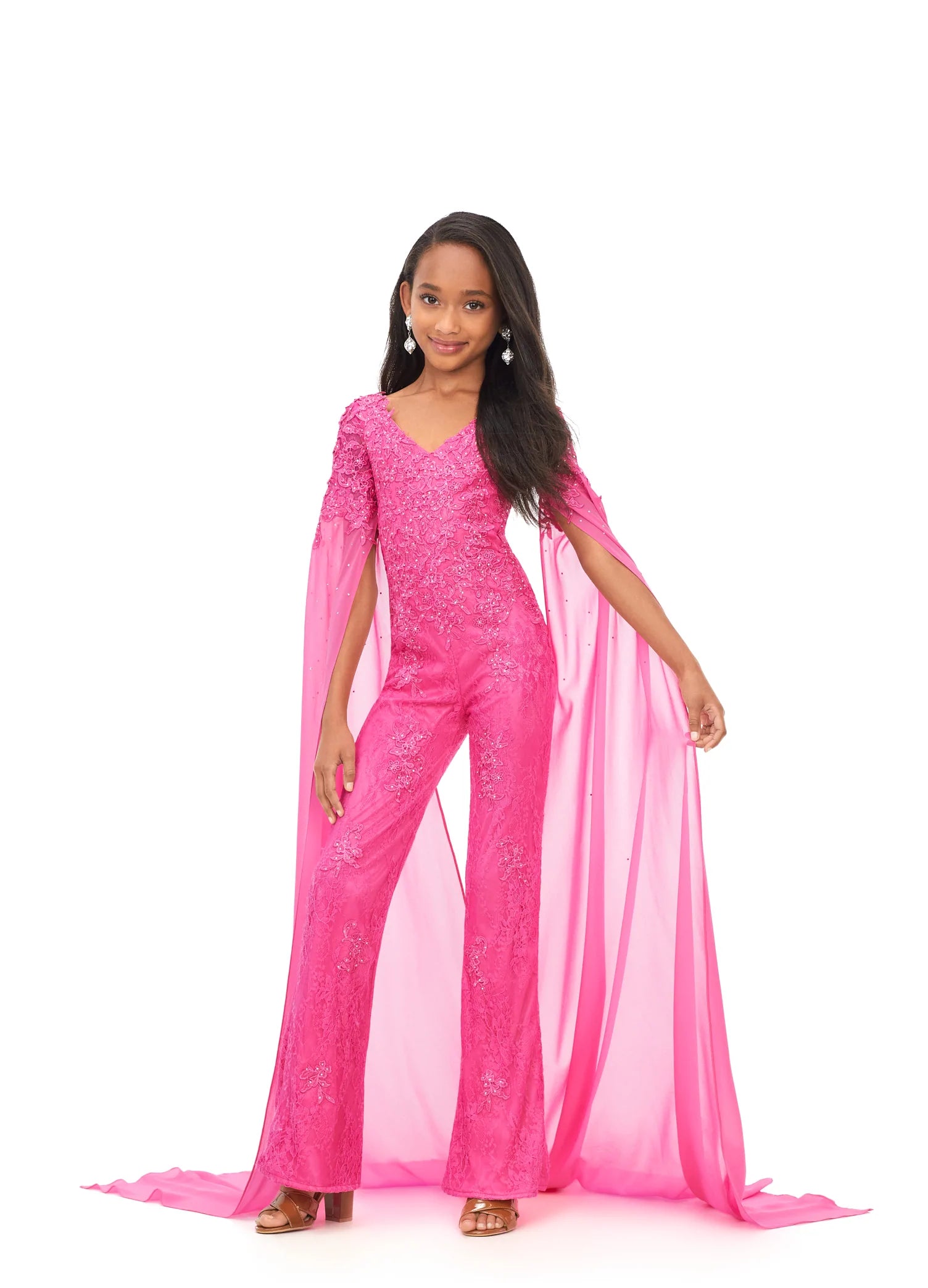 Ashley Lauren Kids 8162 Size 4 Pink Lace Girls Cape Sleeve