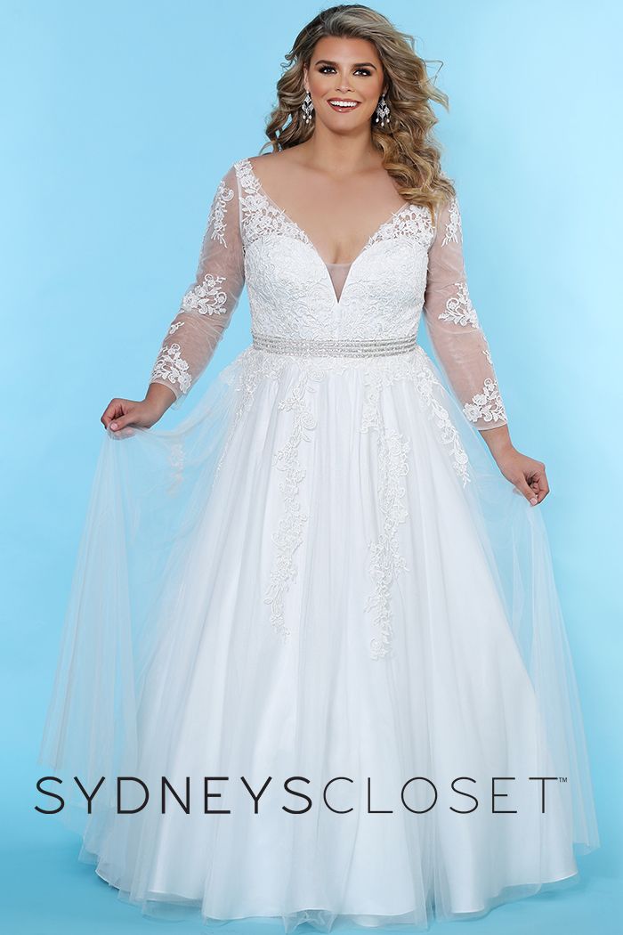 Sydney's Closet SC5234 Size 14 & 24 Wedding Dress V Neckline Long Sleeves