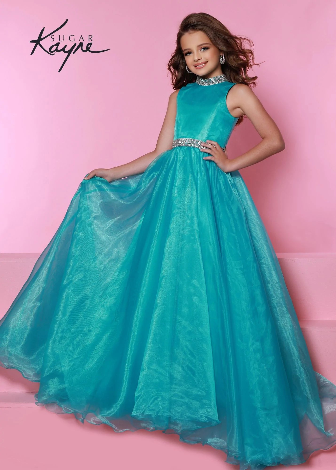Sugar Kayne C305 Size 8, 12 Barbie Pink Ruffled Layers Girls Preteens  Pageant Dress Ball Gown Cape Halter Formal Dress