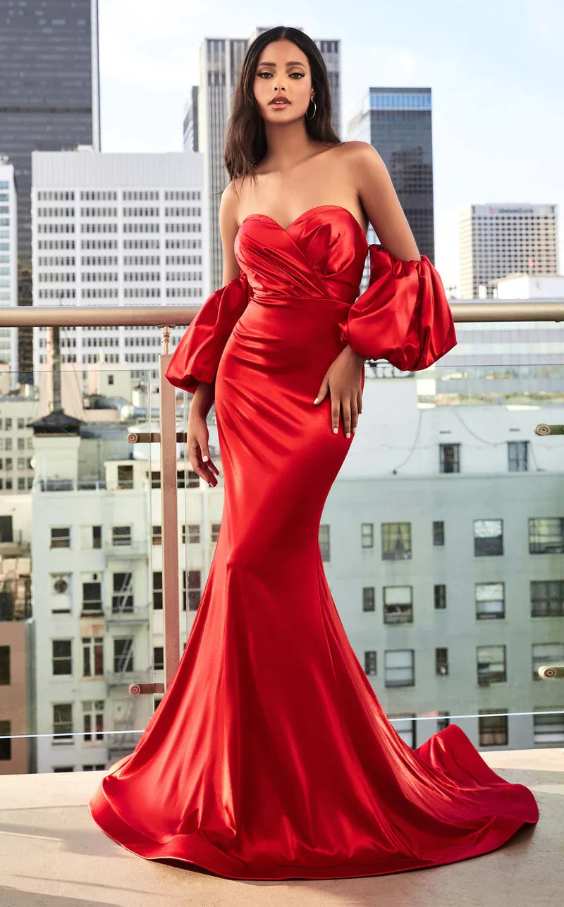 Ladivine CD343 Size 10 Red Sheer Corset Satin Slit Prom Dress Crystal V  Neck Strapless Gown Overskirt