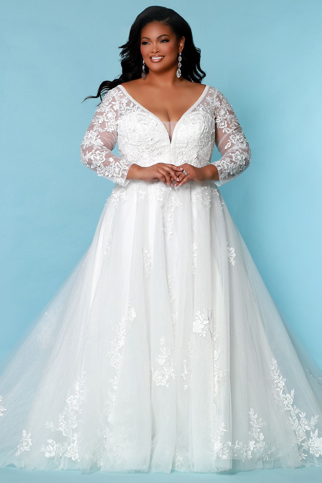 Black Wedding Dresses Bridal Gowns Long Sleeves Lace Applique V Neck Plus  size