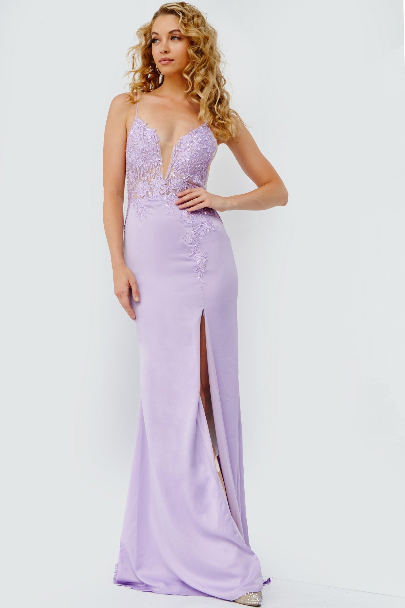 JVN23124 Embroidered Bodice Plunging Neck Prom Dress – Glass Slipper Formals
