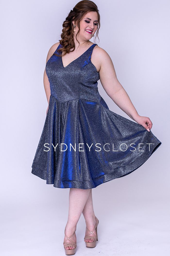 Sydney's Closet SC8100 Cosmic Cobalt cocktail dress plus sized hologra