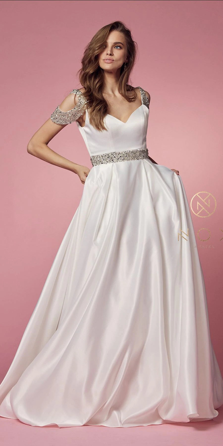 Nox Anabel R224W Long Satin A Line Ballgown Pockets Off the shoulder Dress  Pageant Bridal